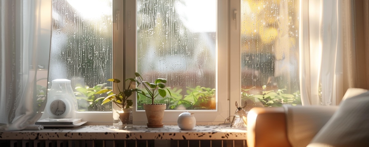 Beschlagenes Wohnzimmerfenster mit Hygrometer auf der Fensterbank