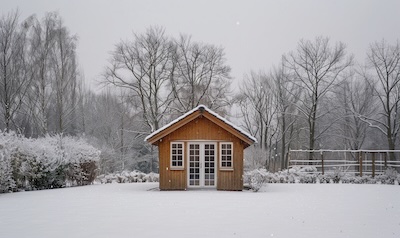 Gartenhaus im Winter mit leichtem Schnee