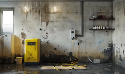 Bautrockner mit Ablaufschlauch im ausgeräumten Keller nach einem Wasserschaden