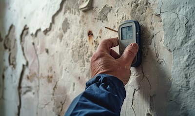 Hand misst mit einem Feuchtigkeitsmessgerät die Feuchte einer Kellerwand nach einem Wasserschaden