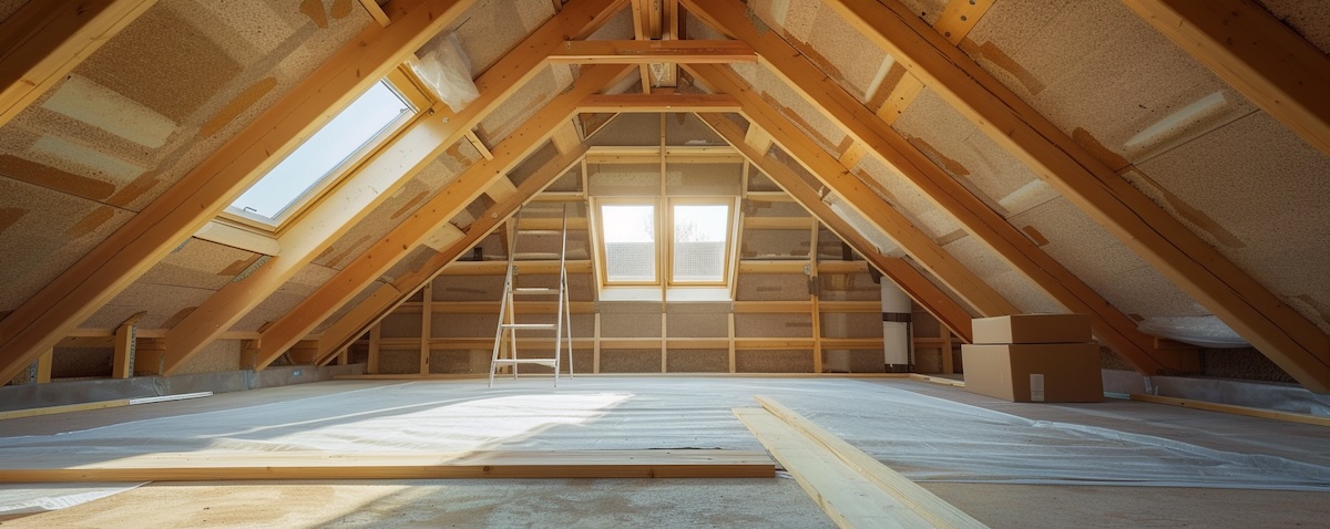 Unausgebauter Dachboden im Neubau mit OSB-Platten, Dachluke und Sparren im Winter