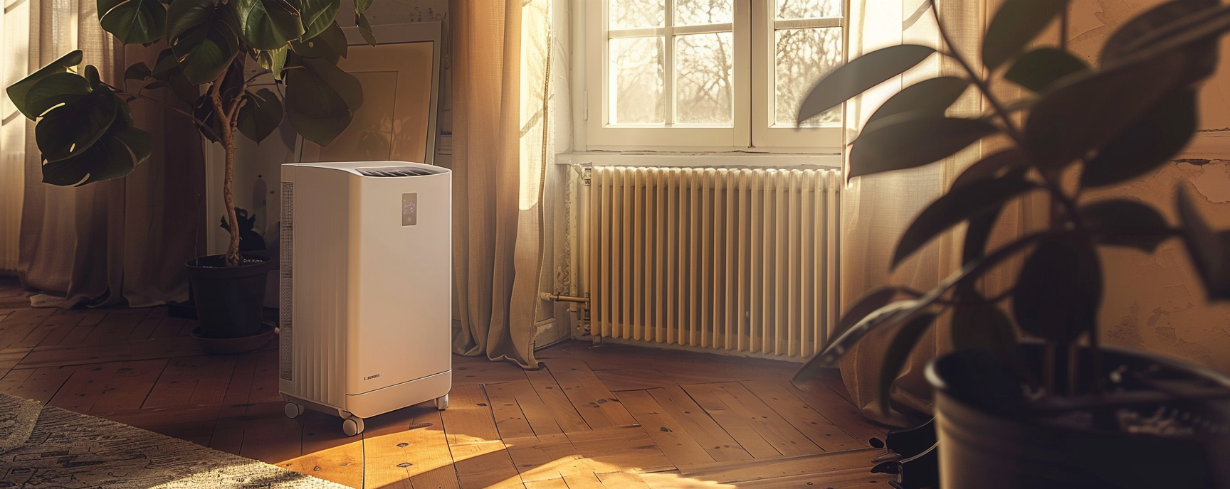 Elektrischer Luftentfeuchter im Wohnzimmer eines Altbaus neben der Heizung