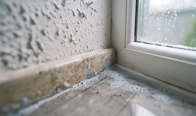 Beginnende Schimmelbildung an Wandecke neben beschlagenem Fenster als Warnsignal