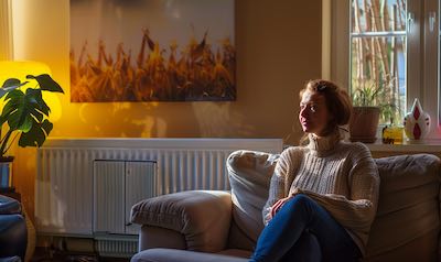 Frau sitzt vor einer Heizung im Wohnzimmer