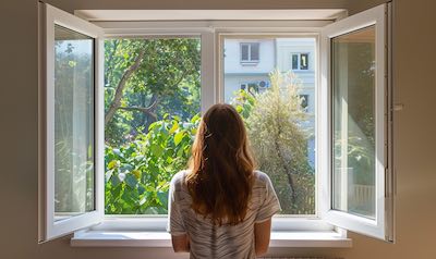 geöffnetes Fenster zum Lüften des Zimmers