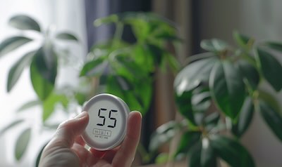 hand mit hygrometer und zimmerpflanze optimale luftfeuchtigkeit