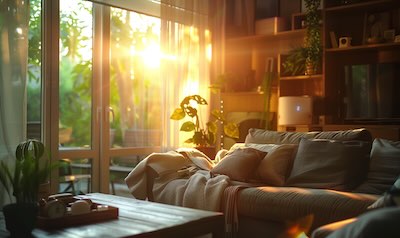 wohnzimmer mit hygrometer und stoßlüftung sonnendurchflutet