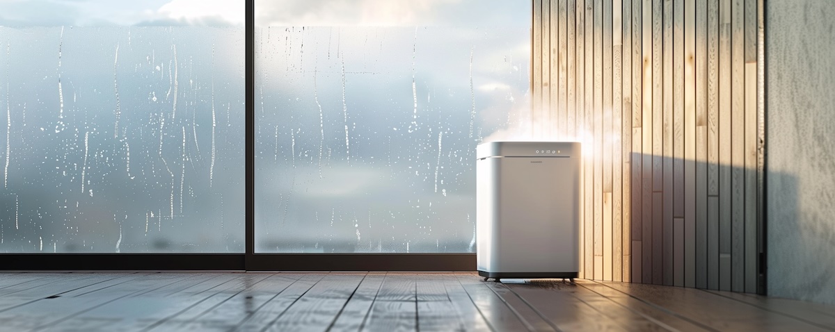 Elektrischer Luftentfeuchter im Wohnraum vor beschlagenem Fenster