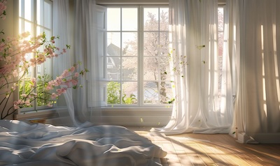 Schlafzimmer mit weit geöffnetem Fenster im Frühling für frische Morgenluft