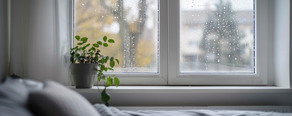 Beschlagenes Schlafzimmerfenster von innen mit Kondenswasser auf der Fensterbank