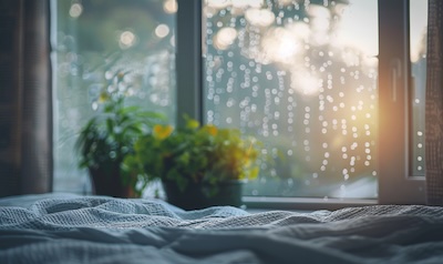 Beschlagene Scheiben im Schlafzimmer als Anzeichen für zu hohe Luftfeuchtigkeit
