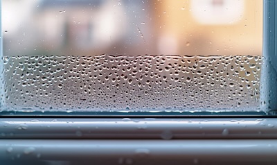 Kondenswasser und Schimmel am Fensterrahmen als Warnsignal für zu hohe Luftfeuchtigkeit