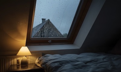 Beschlagenes Dachfenster im Dachgeschoss mit Kondenswasser am unteren Rahmen