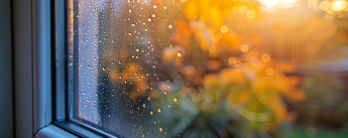 Dreifach verglastes Fenster an einem Herbstmorgen von außen beschlagen