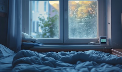 Beschlagenes Fenster im Schlafzimmer am Morgen mit Hygrometer auf der Fensterbank