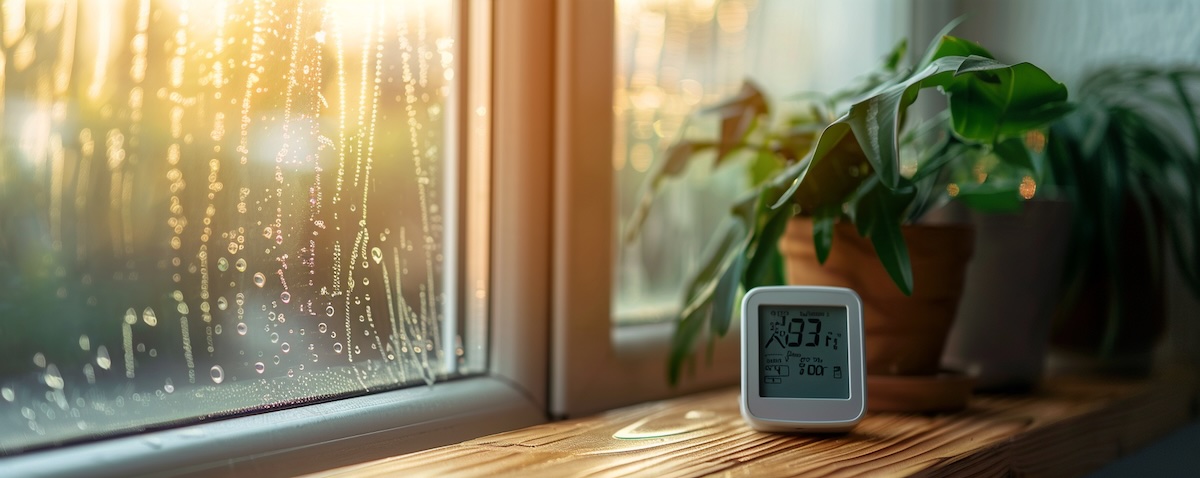 Digitales Hygrometer im Schlafzimmer misst die Luftfeuchtigkeit gegen Schimmel