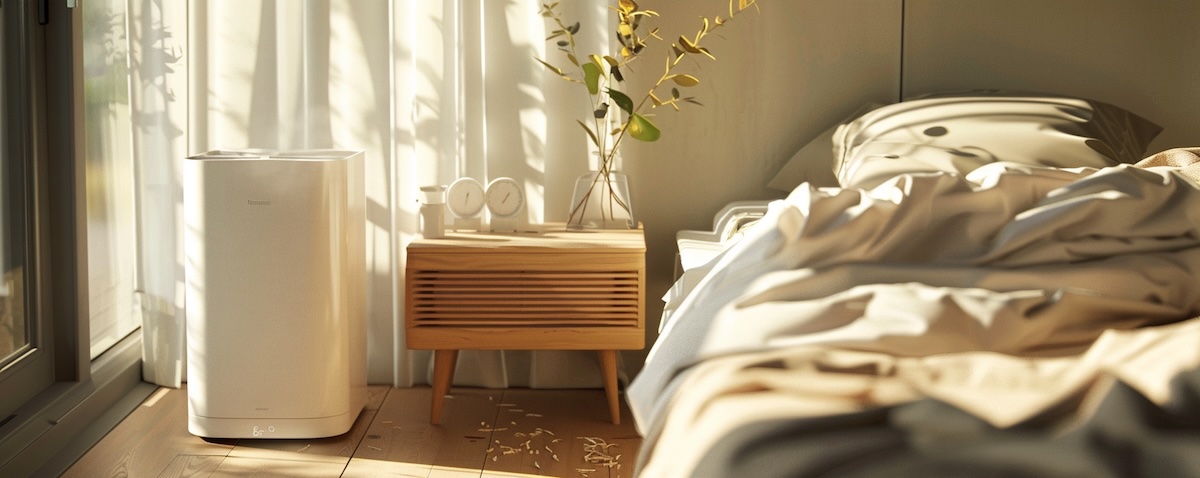 Ruhiges Schlafzimmer am Morgen mit leichtem Kondensat am Fenster und Luftentfeuchter