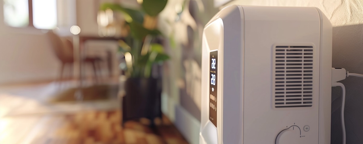 Luftentfeuchter an einer Steckdose mit Energiemessgerät