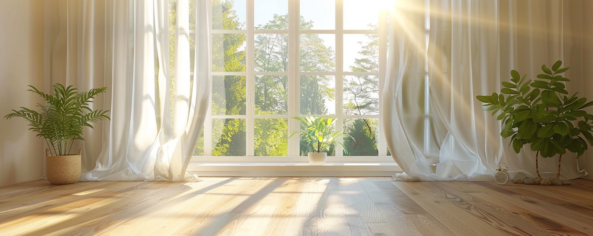 Richtig lüften: Wohnraum mit weit geöffnetem Fenster für effektives Stoßlüften gegen Schimmel