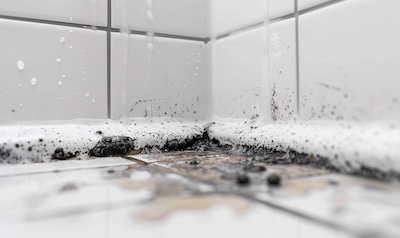 Schwarzer Schimmel in der Silikonfuge und in den Fliesenfugen der Dusche