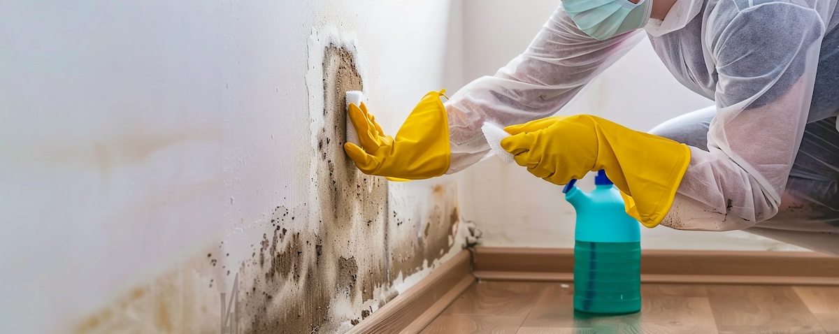 Schimmel an der Wand mit Handschuhen, Maske und Alkohol entfernen