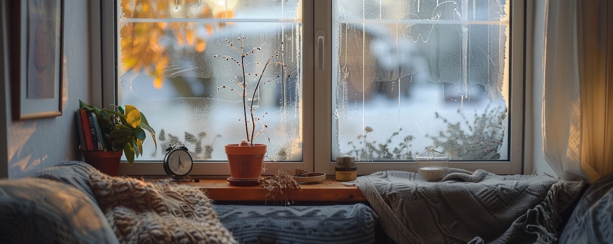 Taupunkt an einem beschlagenen Fenster im Winter