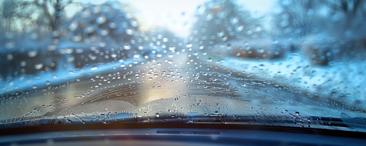 Von innen vereiste Frontscheibe eines Kleinwagens an einem Wintermorgen durch Feuchtigkeit im Auto