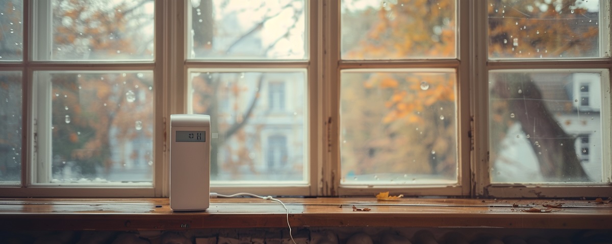 Beschlagenes Altbaufenster mit Hygrometer auf der Fensterbank und Luftentfeuchter im Hintergrund